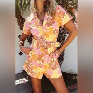 Show Me Your Mumu Romper Rhodes Floral Groovy Retro Garden belt denim collar
